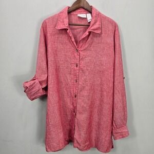Elisabeth Liz Claiborne Button Up Top 2X Red Linen Roll Tab Coastal Grandma Boho
